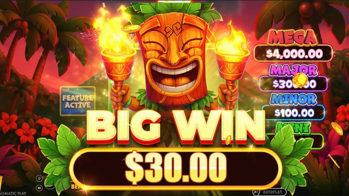 Interface vibrante do slot Super Tiki Strike com tema tropical e vulcão ao fundo