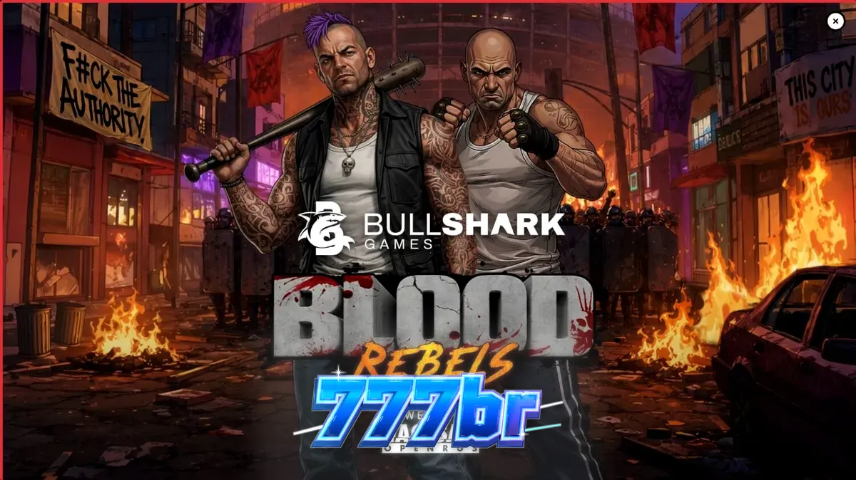 Cena de combate urbano no slot Blood Rebels com símbolos de armas e grafite